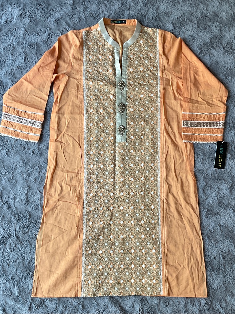 Limelight Peach Embroidered Tunic with Contrast Placket Kurta Top